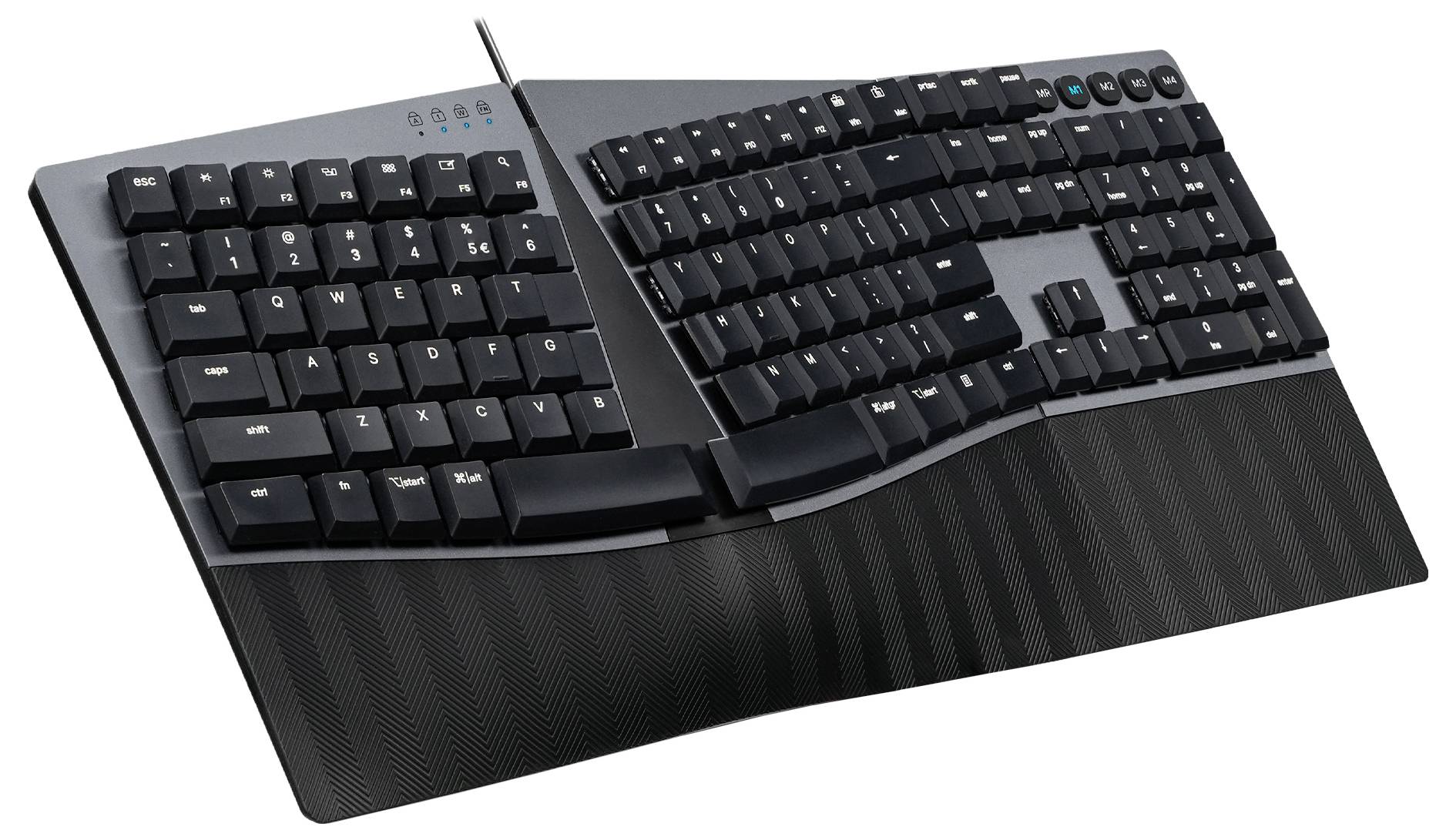 Ergonomická klávesnice v zahnutém designu s rozdělenou klávesnicí a opěrkou zápěstí.