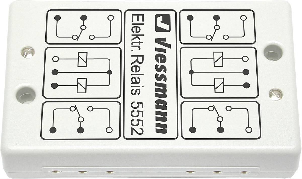 Obdélníkový elektrický modul s osmi schematickými elektrickými symboly a nápisem 'Viessmann elektrické relé 5552'.
