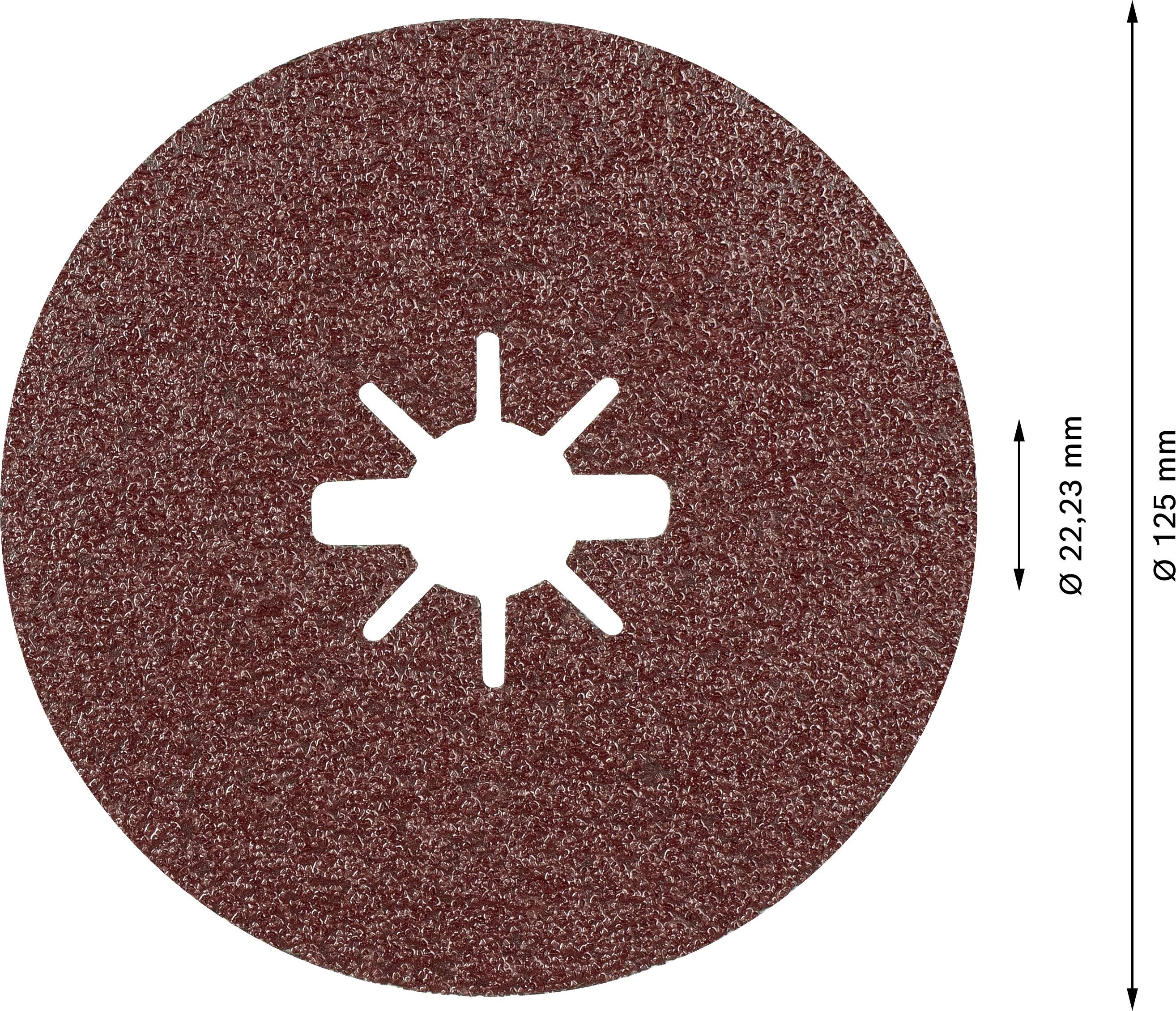 Kulatý brusný kotouč s průměrem 125 mm a otvorem 22,23 mm uprostřed. Vhodný pro broušení.