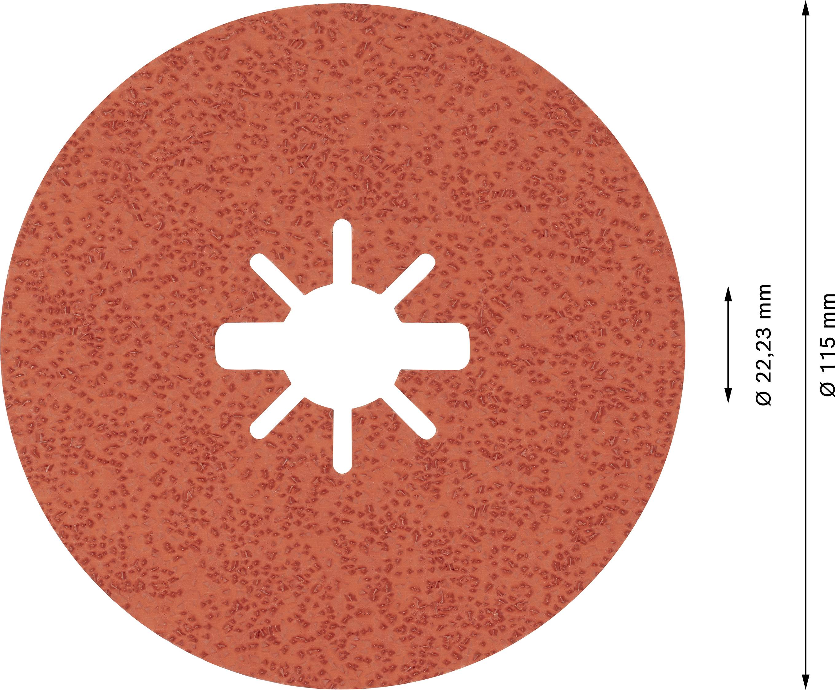 Červený brusný kotouč s průměrem 115 mm a otvorem 22,23 mm. Vhodný pro broušení.