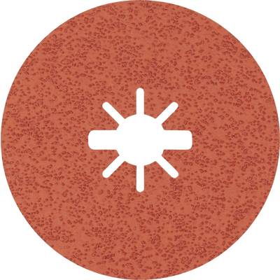 Červený kruh s bílým symbolem uprostřed, který vypadá jako slunce. Symbol má šest paprsků kolem centrálního bodu.