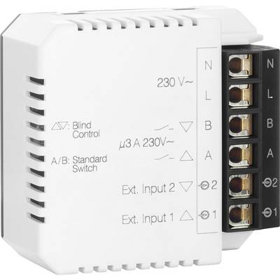 Obdélníkový elektromodul s konektory na pravé straně, popisky pro 'Ovládání žaluzií', 'Standardní spínač', '230 V', 'External Input 1/2'.