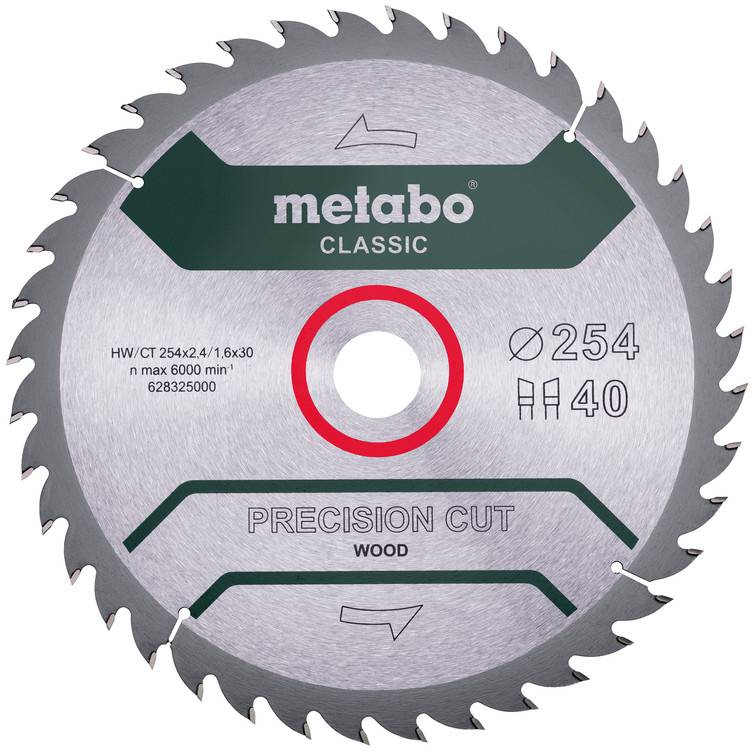 Kruhový pilový kotouč Metabo Classic na přesné řezání dřeva se 40 zuby, průměrem 254 mm a středovým upevňovacím otvorem.