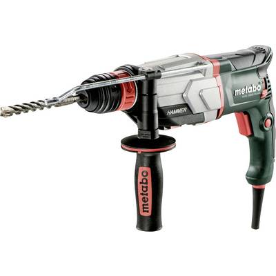 Elektrické kladívkové vrtačky Metabo se postranním madlem a vrtákem, zobrazené na bílém pozadí.