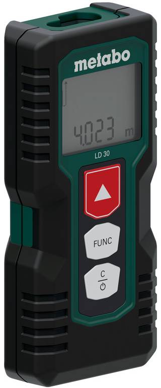 Metabo LD 30 ruční laserový měřič vzdálenosti s digitálním displejem a červeným tlačítkem měření.