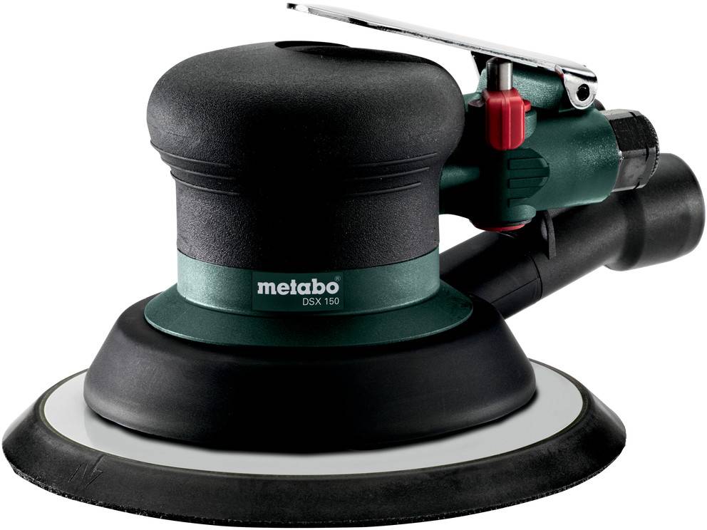 Metabo DSX 150 excentrická bruska s velkým kulatým brusným talírem a příslušenstvím pro odsávání prachu na bílém pozadí