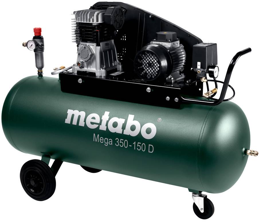 Zelený přenosný kompresor Metabo Mega 350-150 D s nádrží, kolečky, motorem, manometrem a rukojetí.