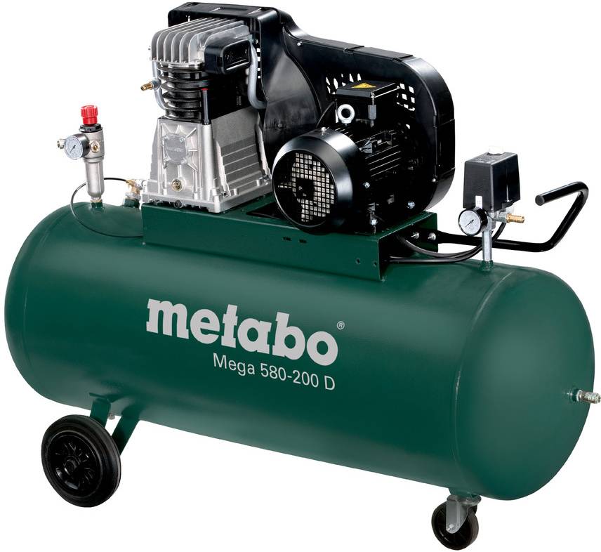 Přenosný vzduchový kompresor Metabo Mega 580-200 D v zelené barvě s motorem, manometrem, kolečky a nádrží.