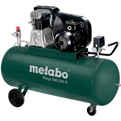 Přenosný vzduchový kompresor Metabo Mega 580-200 D v zelené barvě s motorem, manometrem, kolečky a nádrží.
