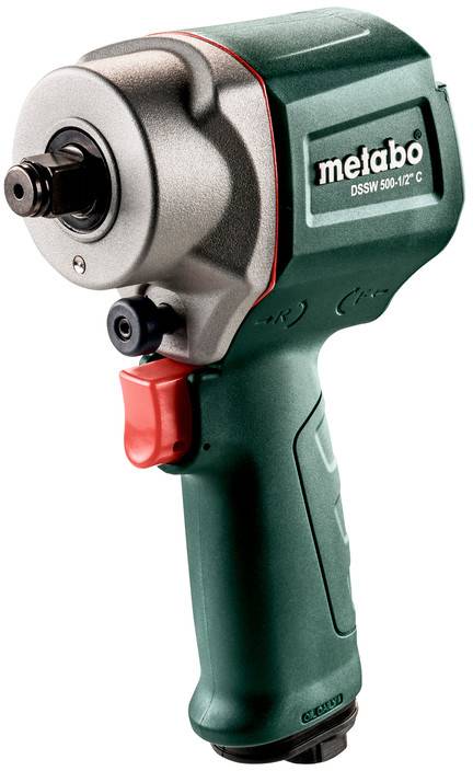 Zelený bezdrátový rázový utahovák Metabo s červeným spouštěčem, zobrazený na bílém pozadí, označený "metabo" a "OSSW 500-1/2 C".