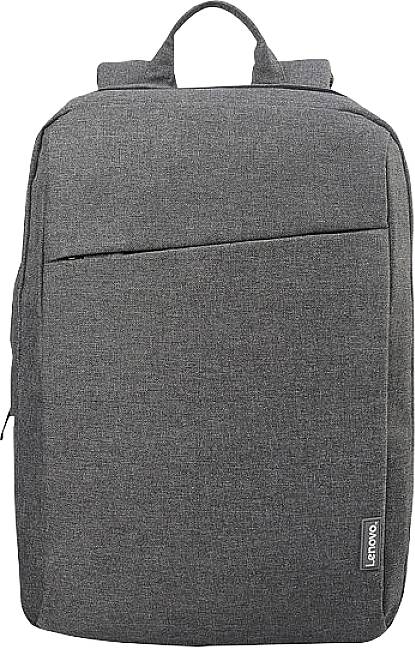 Šedočerný batoh Lenovo se zipem, minimalistickým designem a rukojetí, vhodný pro notebooky a každodenní použití.