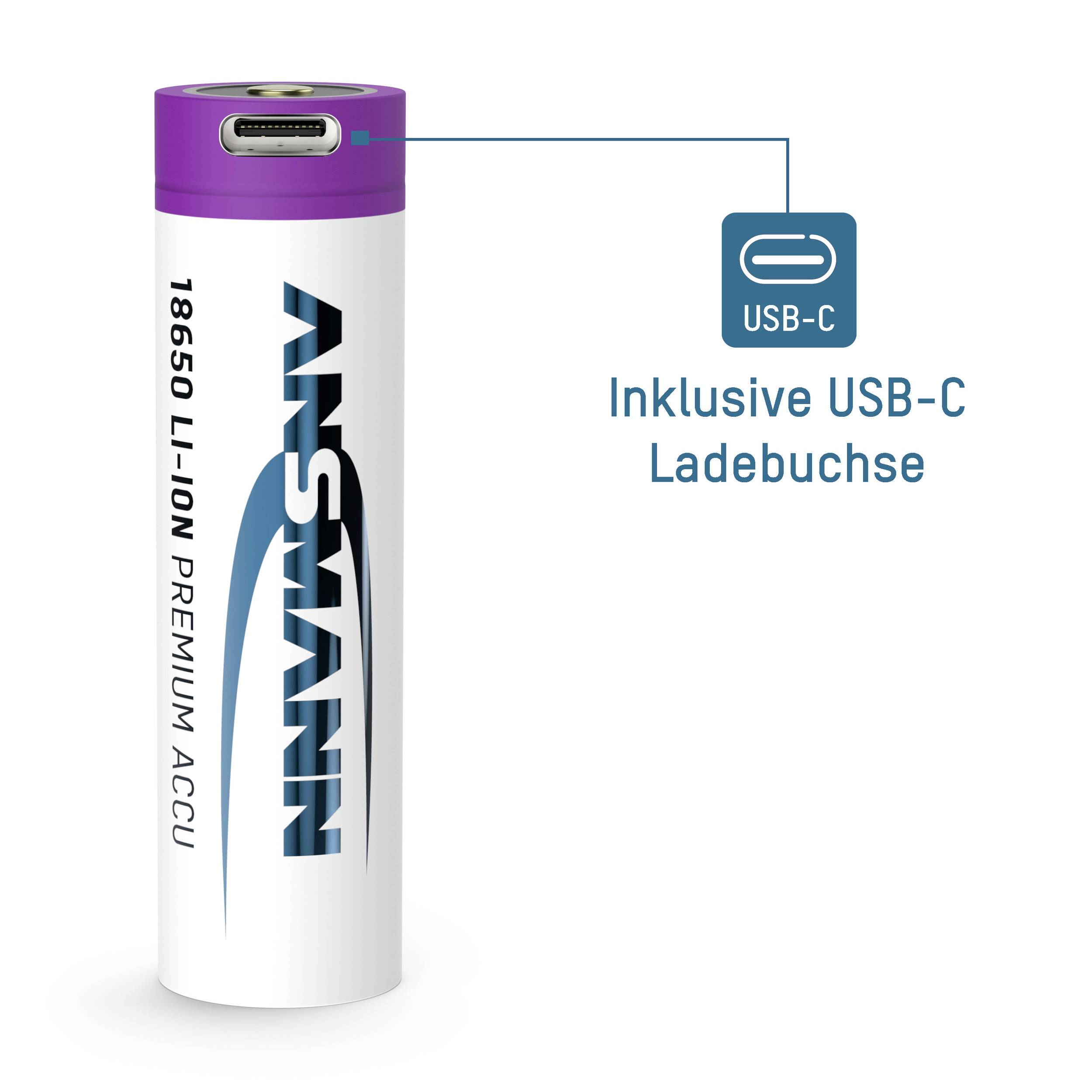 Akumulátor s USB-C nabíjecím portem. Nápis: 'Včetně USB-C nabíjecího portu'. Hlavní charakteristikou je USB-C konektor umístěný nahoře na akumulátoru.