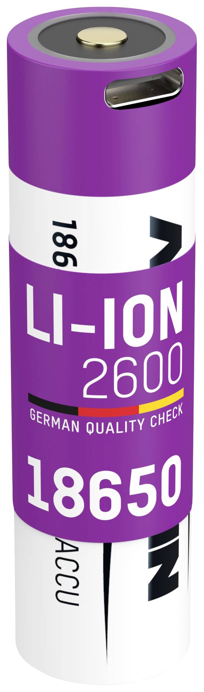 Lithium-iontová baterie Lila, typ 18650, kapacita 2600 mAh, s nápisem 'German Quality Check' na štítku.