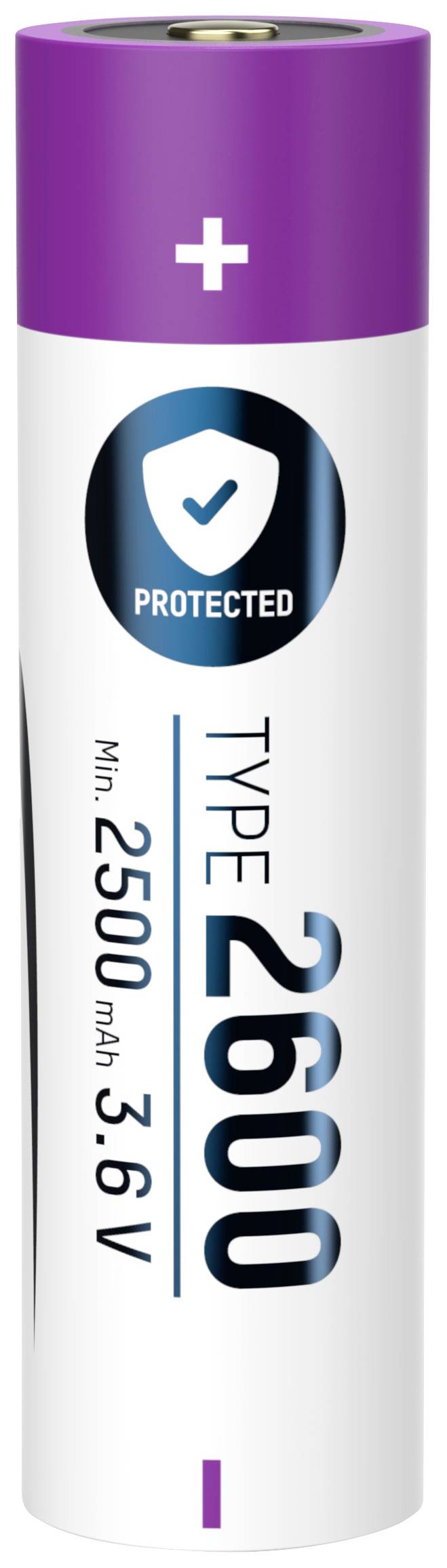 Fialovo-bílá baterie s nápisem 'Typ 2600', '2500 mAh', '3,6V' a symbolem ochrany.