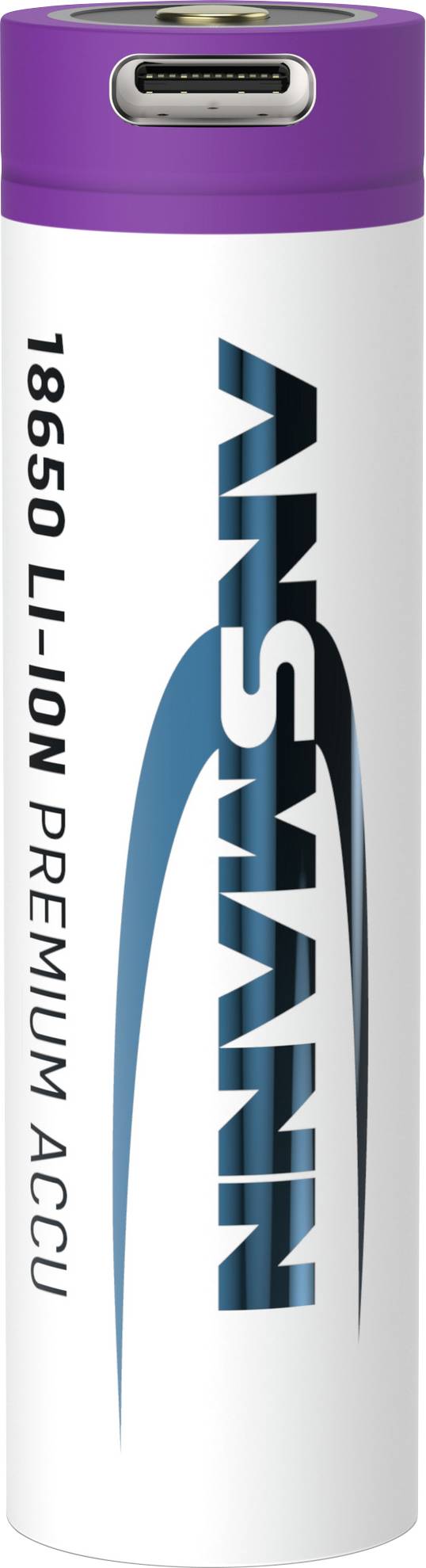 Válcový akumulátor s nápisem '18650 Li-Ion Premium Akumulátor' a 'ANSMANN' v modré barvě. Nahoře je fialový kroužek.