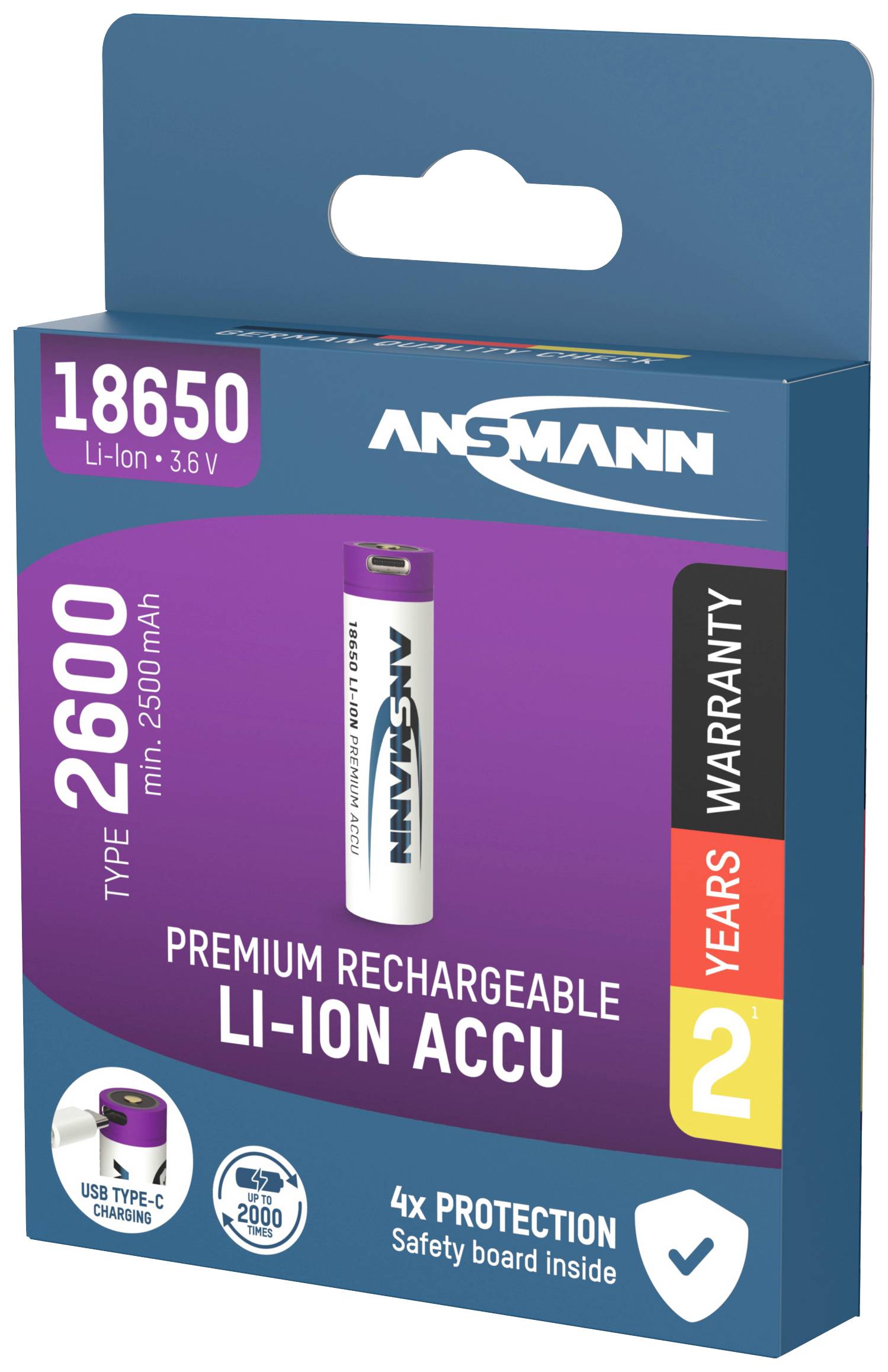 Balení nabíjecí lithium-iontové baterie Ansmann 18650 o kapacitě 2600 mAh s USB Type-C, včetně 2leté záruky.