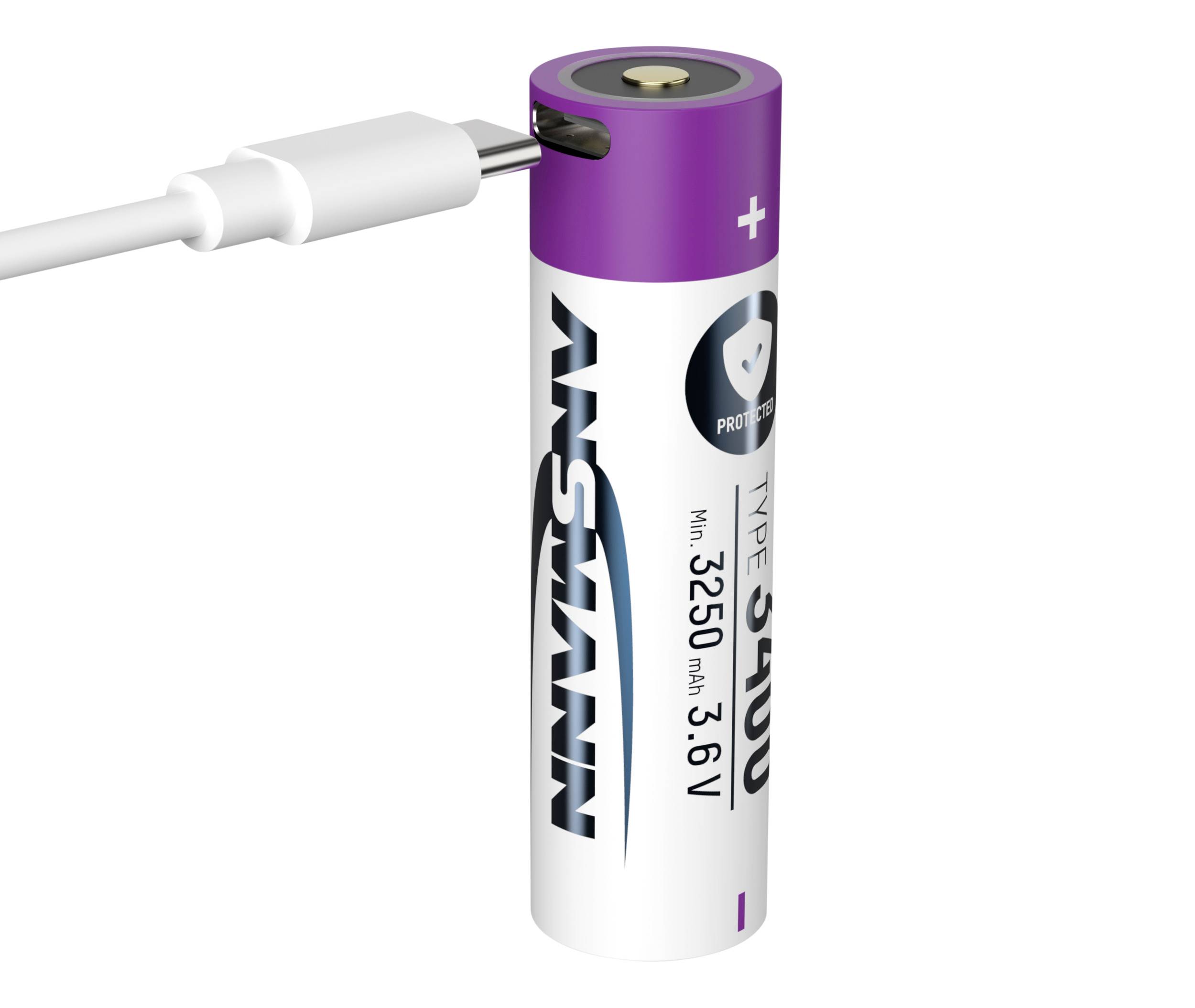 Fialovo-bílý akumulátor typu 18650 s USB-C portem, indikátorem nabíjení a kapacitou 3250 mAh při 3,6 V.