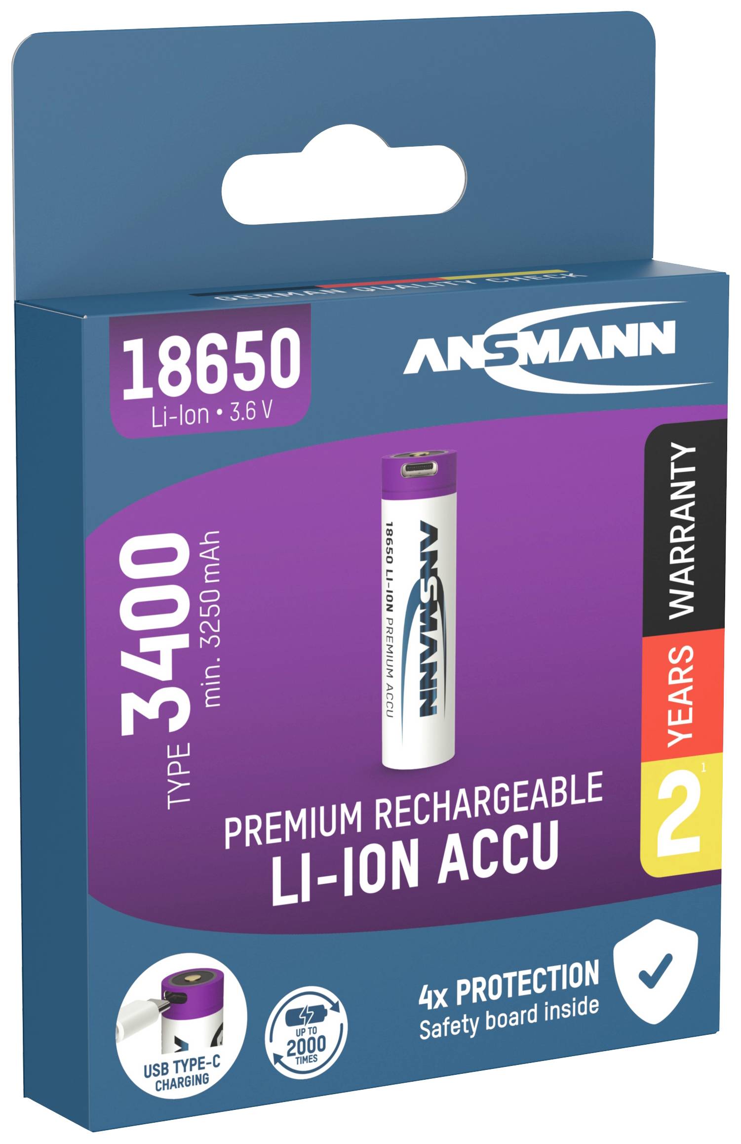 Balení dobíjecí lithium-iontové baterie značky Ansmann, typ 18650, kapacita 3400 mAh, se zárukou 2 roky.