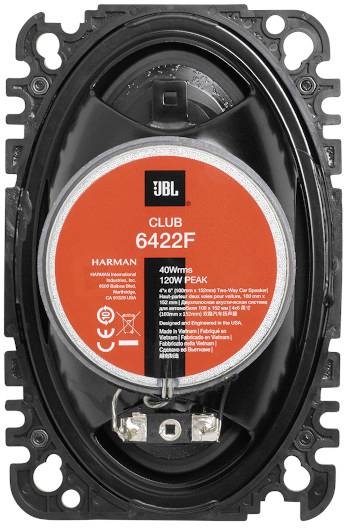 Reproduktory do auta od JBL, model Club 6422F, s 40 W RMS a špičkovým výkonem 120 W, na černé montážní desce.