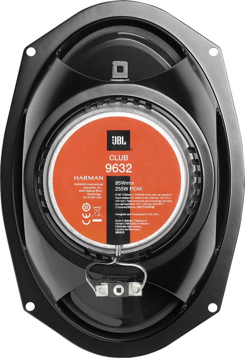 Zadní pohled na oválný reproduktor s červenou nálepkou zobrazující technické specifikace jako '85W RMS, 255W Peak'.