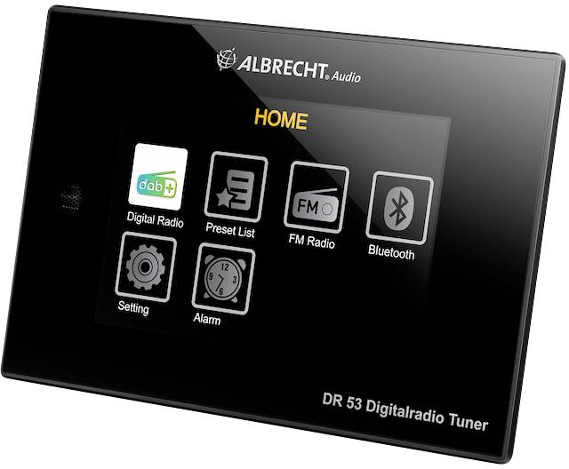 Albrecht DR 53 Digitální rádio tuner s dotykovým displejem. Zobrazuje možnosti jako Digitální rádio, FM rádio, Bluetooth, Nastavení a Budík.
