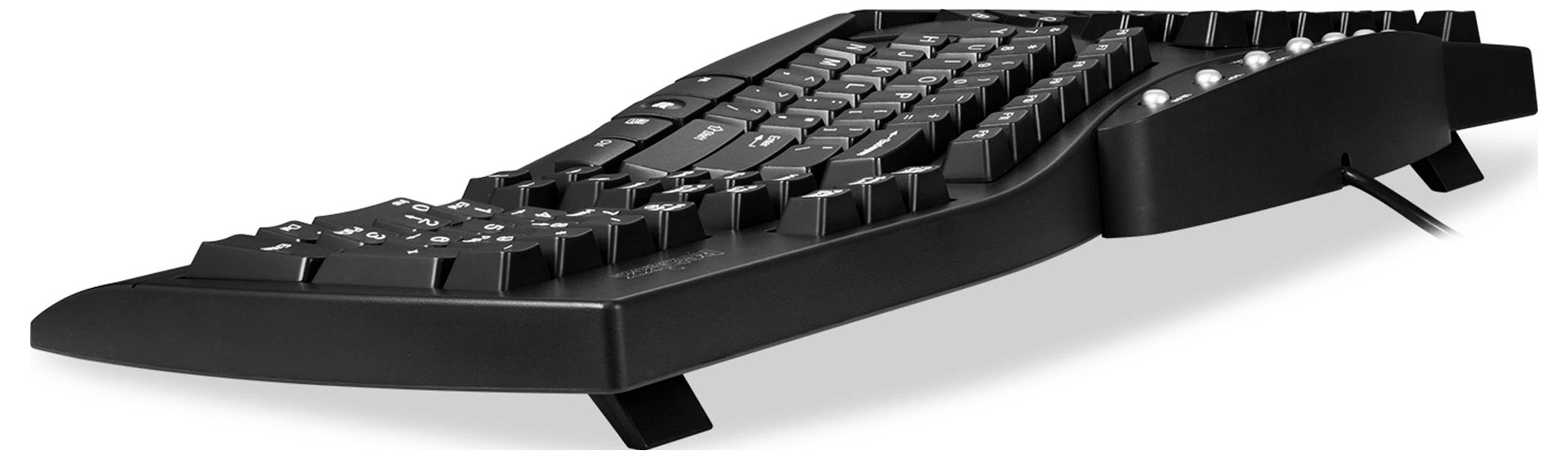 Ergonomická černá klávesnice s děleným, vlnovitým designem a polstrovanou opěrkou zápěstí pro zlepšení polohy ruky.