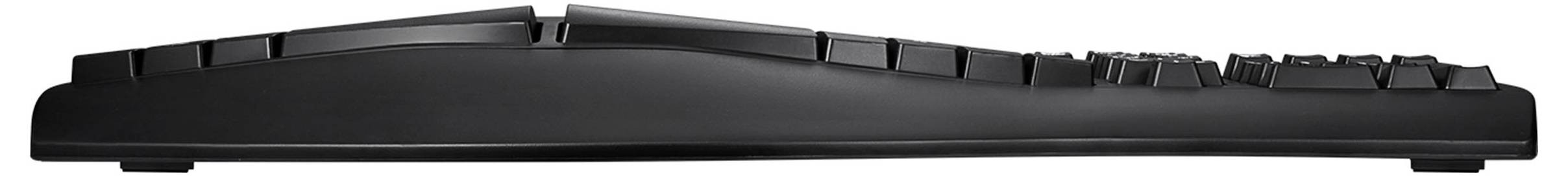Boční pohled na černou počítačovou klávesnici s vyvýšenými klávesami, který zdůrazňuje ergonomický design.