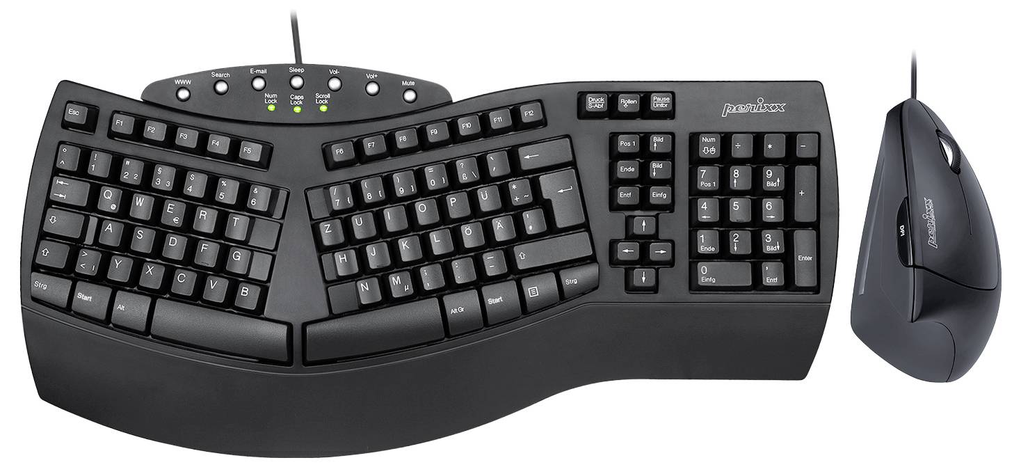 Ergonomická klávesnice a myš s vlnitým designem v černé barvě; vhodné pro snížení zátěže zápěstí.