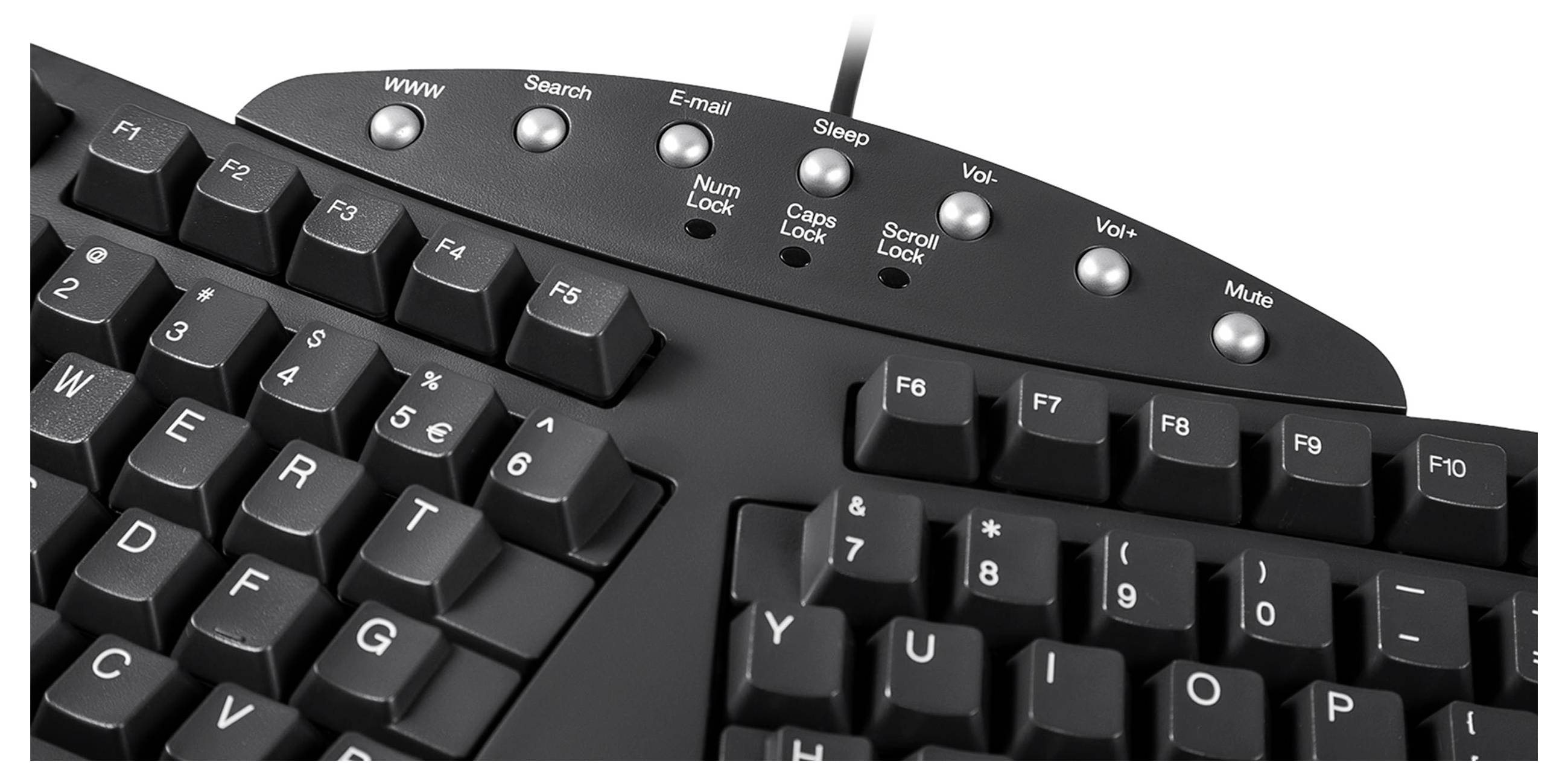 Ergonomická klávesnice se speciálními klávesami pro 'WWW', 'Hledání', 'E-mail', 'Spánek', ovládání hlasitosti a 'Ztlumit'.