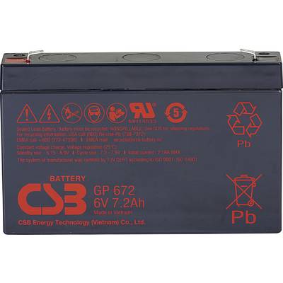 Černá baterie s červeným potiskem. Značka: CSB, Model: GP 672, Kapacita: 6V 7.2Ah. Potisk varuje před neodbornou likvidací.