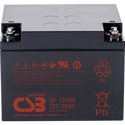 Černý olověný akumulátor s označeními bezpečnostních a recyklačních pokynů. Model: GP 12260, 12V 26Ah, vyrobeno ve Vietnamu.