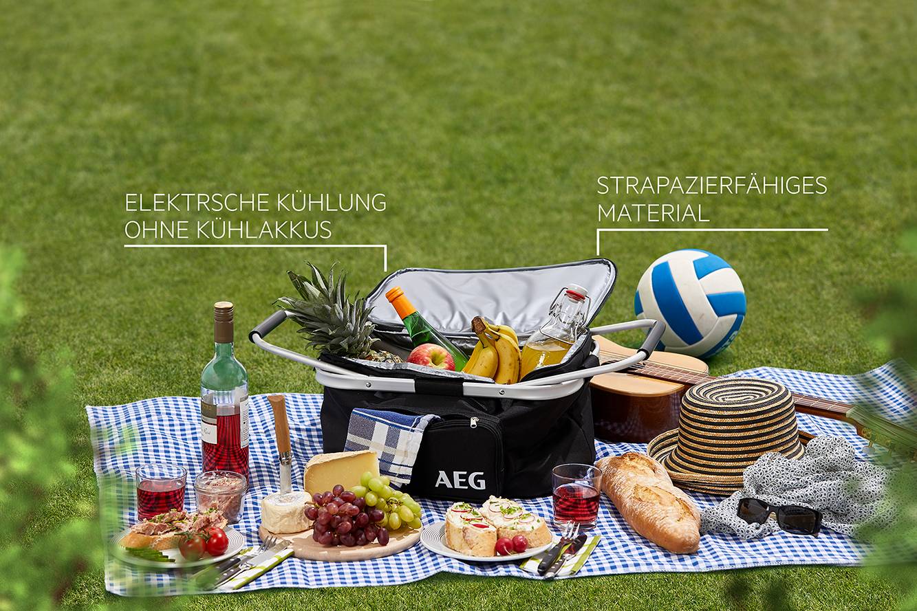 Piknik na louce s chlazenými nápoji, ovocem, chlebem, talíři a volejbalovým míčem. Chladicí taška má logo 'AEG'.