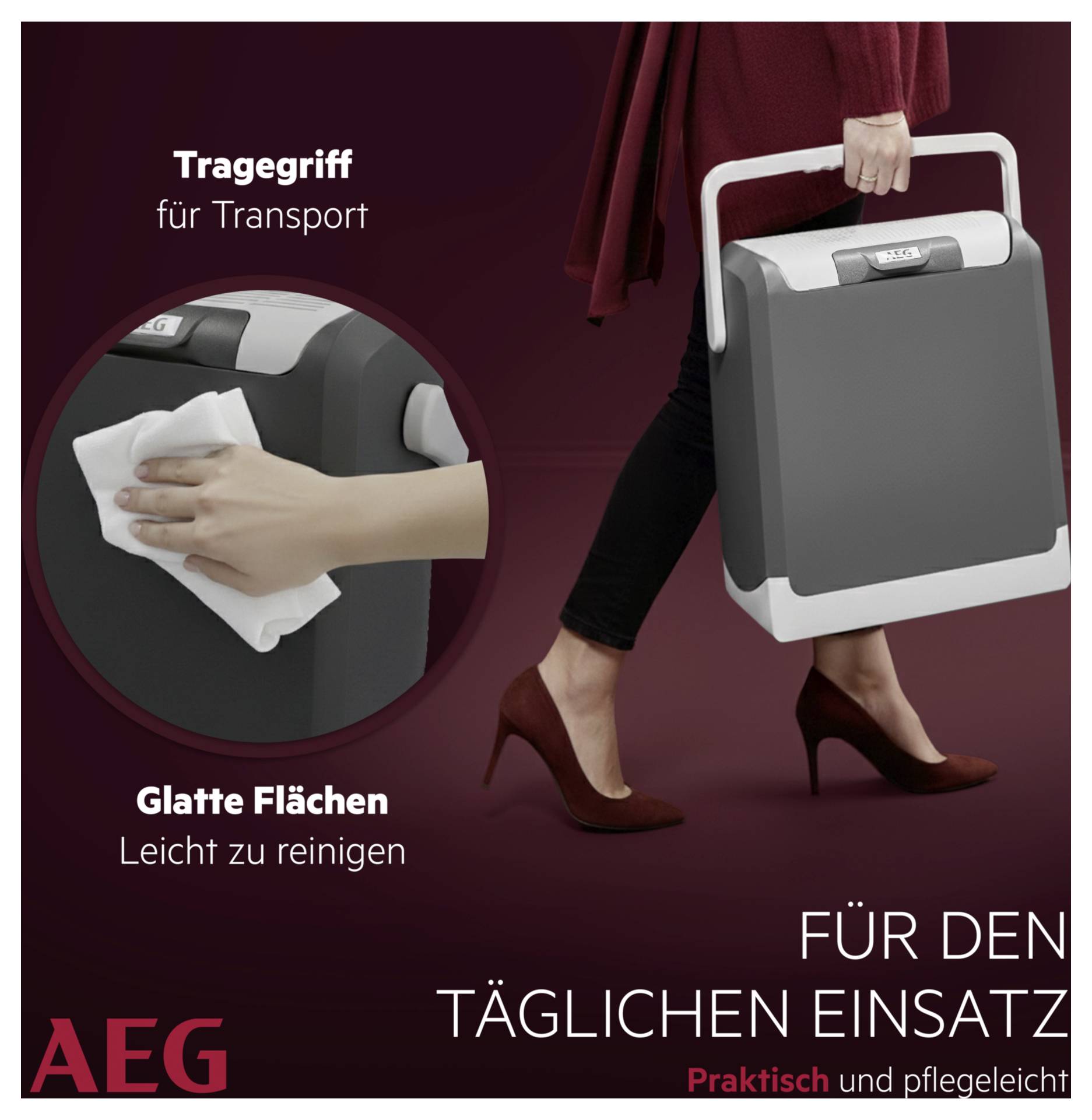 Žena nese přenosný přístroj s rukojetí. Vložený obrázek ukazuje ruku, která otírá jeho hladký povrch. Text zní "Pro každodenní použití, praktické a snadné na údržbu."