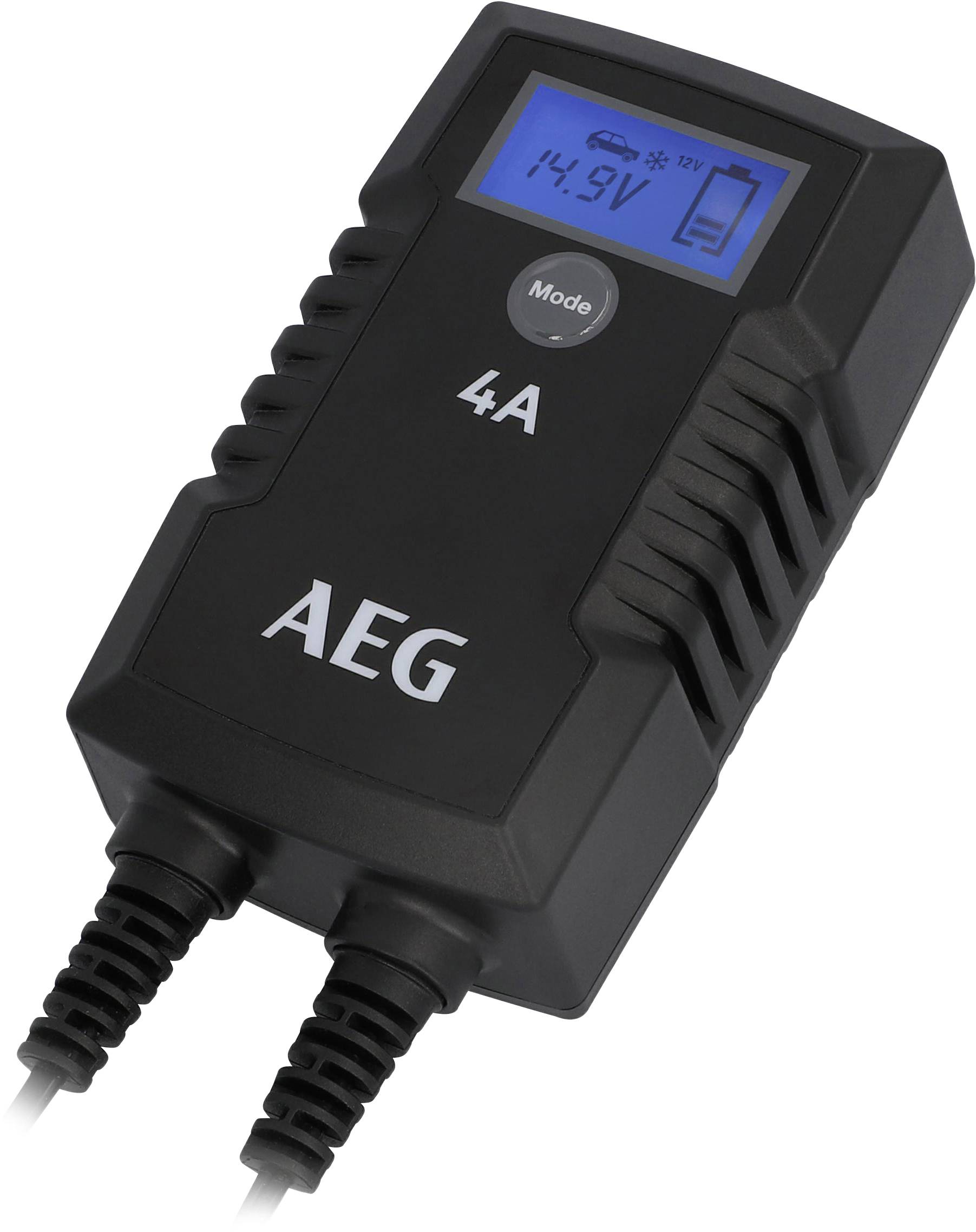 Nabíječka baterií AEG s digitálním displejem, zobrazující 14,9 voltů a 4 ampéry, vhodná pro nabíjení autobaterií.