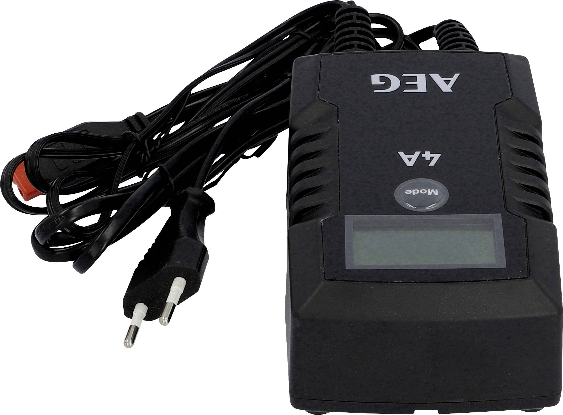 Černá nabíječka s LCD displejem a evropskou zástrčkou, značka 'AEG', model 'AA4'.