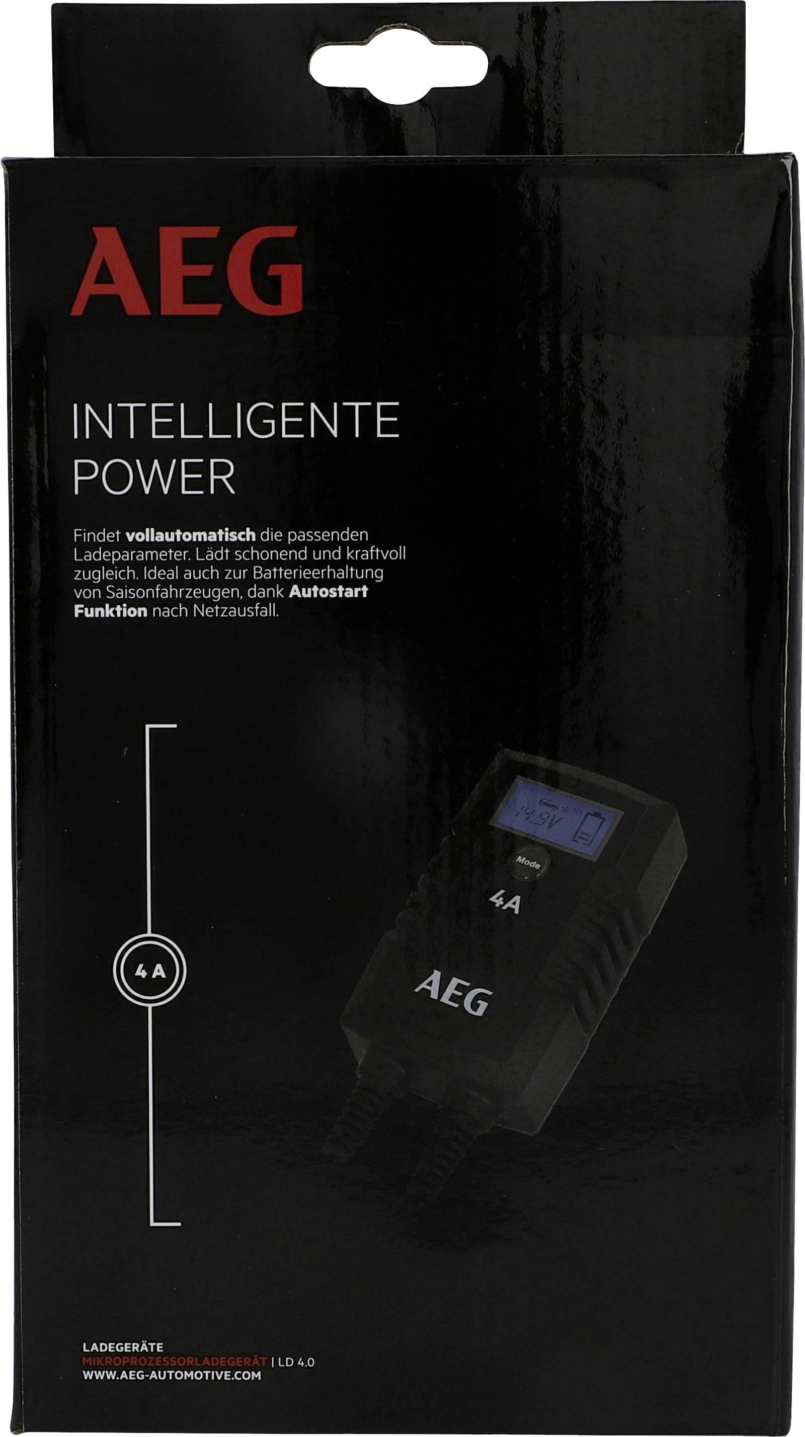 Obal nabíječky AEG s nápisem 'Inteligentní energie', zobrazující nabíječku s kapacitou 4A a funkcí automatického startu.