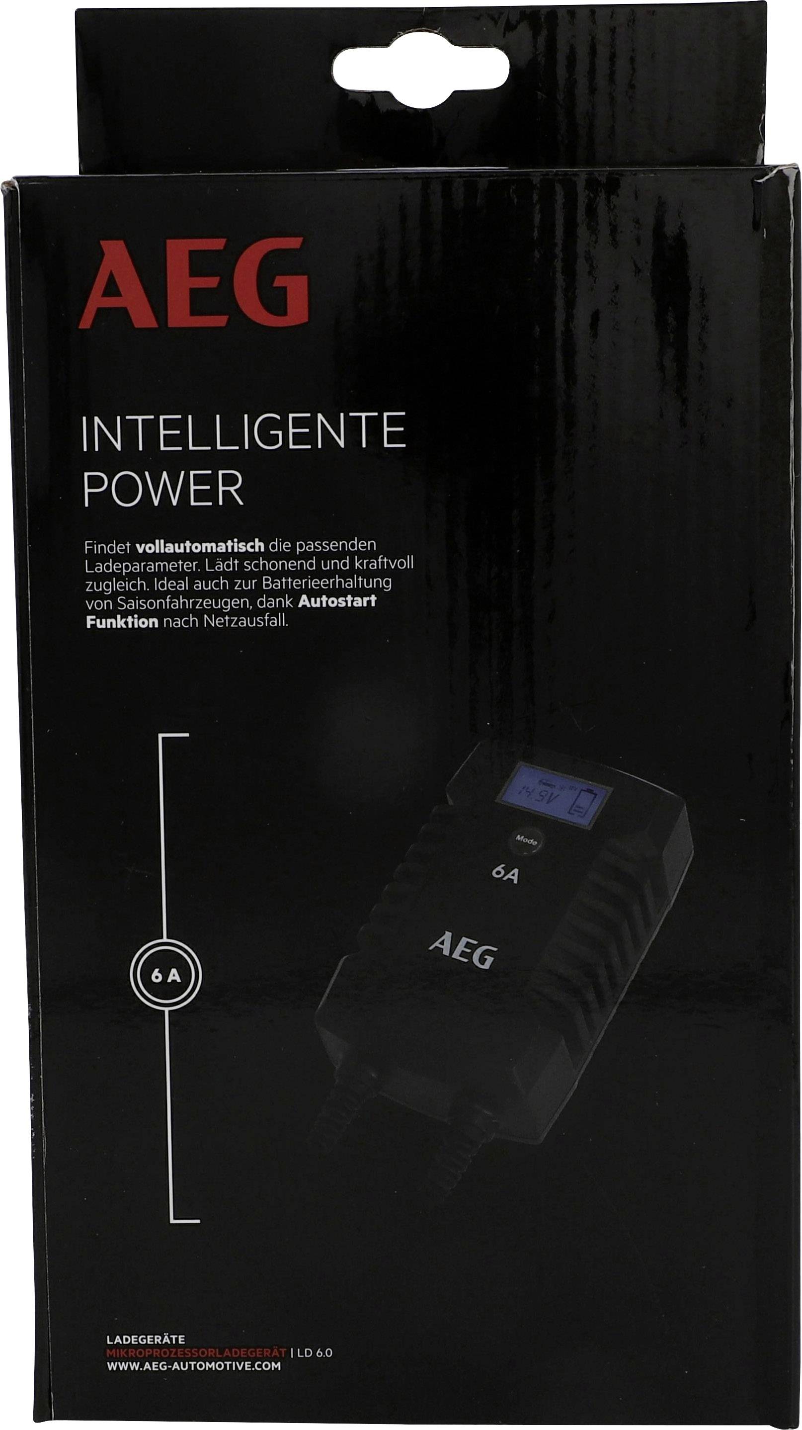 Inteligentní nabíječka AEG, 6A. Černá, s displejem. Balení pro vozidla, zdůrazňující automatické a šetrné nabíjení.