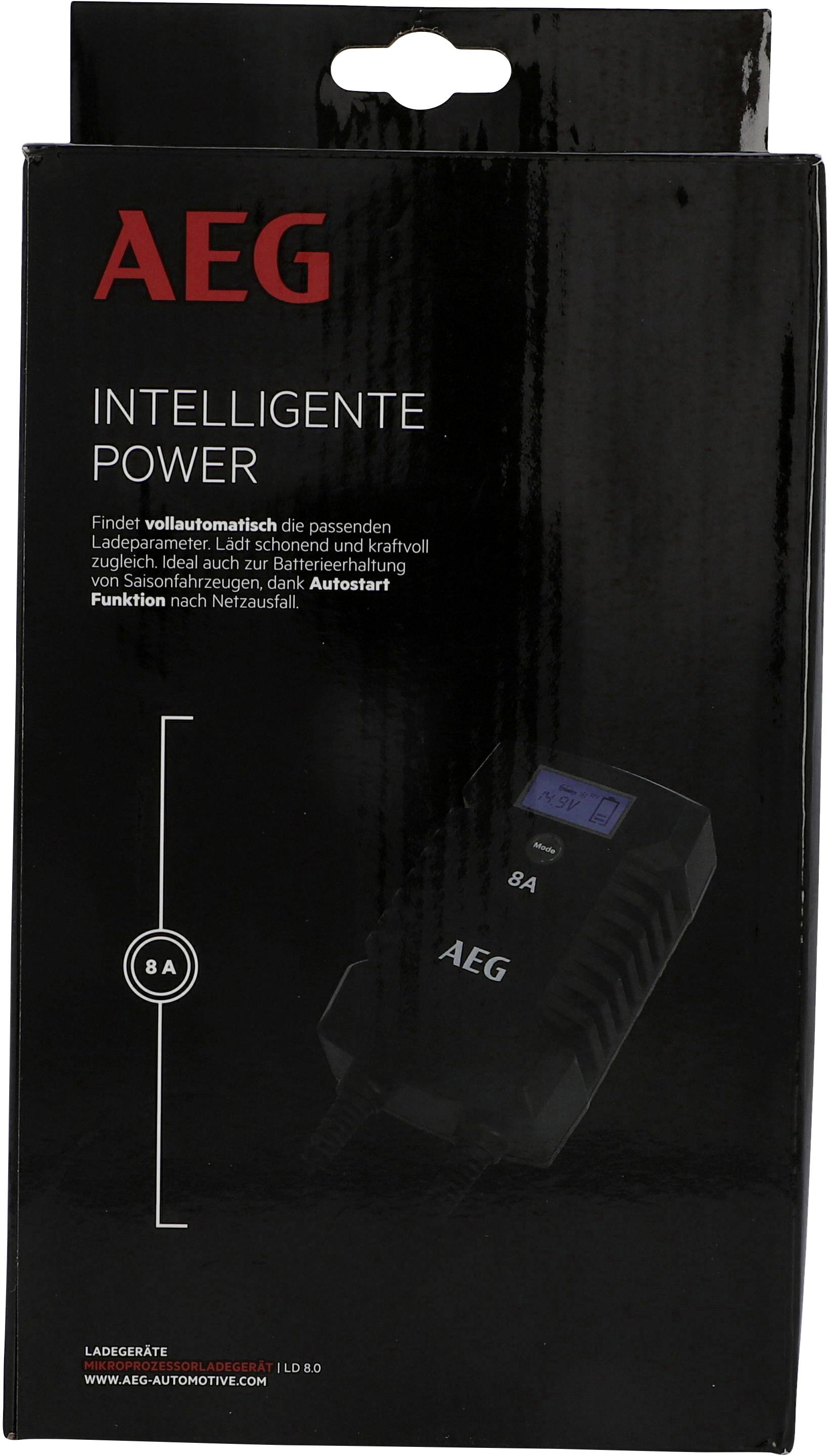 Černý obal nabíječky AEG s nápisem 'Inteligentní Power'. Obrázek nabíječky a text o automatické funkci.