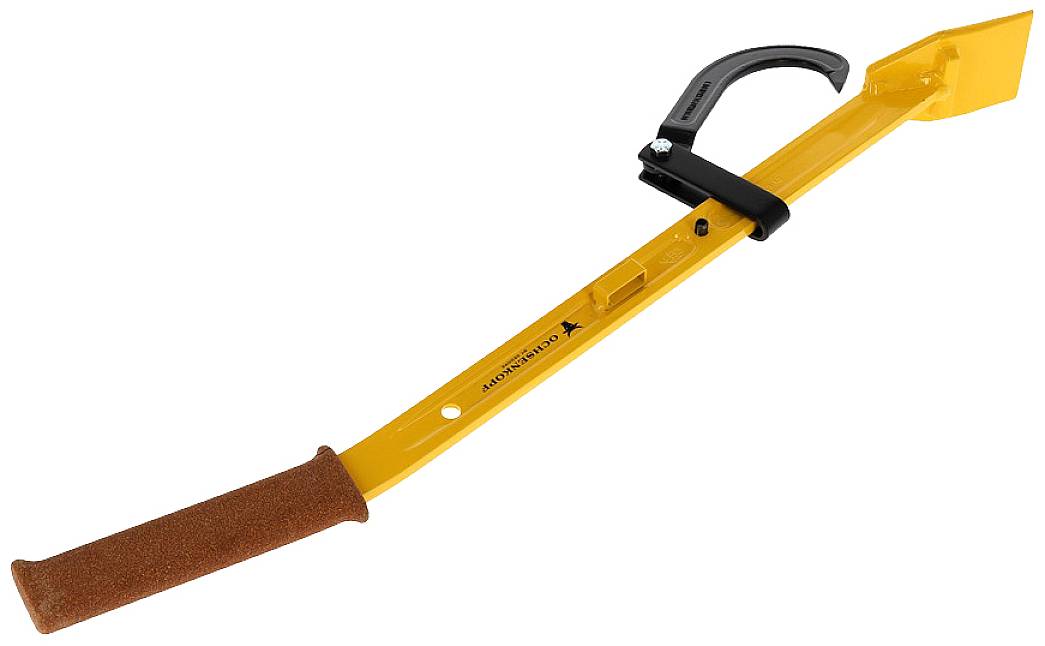 Ruční napínač s jednou rukojetí a upínacím mechanismem pro zajištění kovových nebo plastových pásek, lakovaný žlutou barvou.