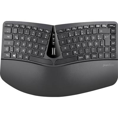 Ergonomická klávesnice pohledem shora: rozdělený design s prohnutými klávesovými poli a opěrkou zápěstí pro pohodlné psaní.