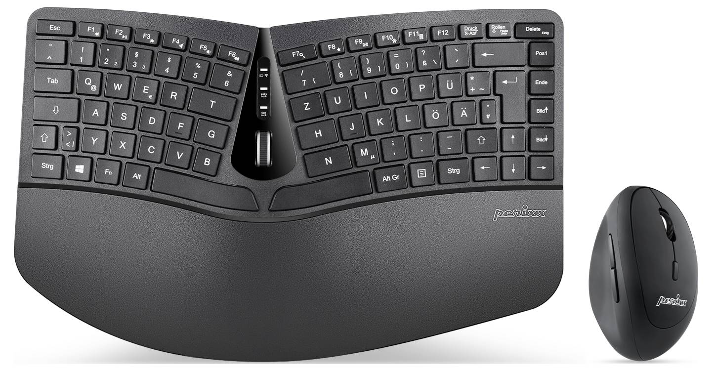 Ergonomická klávesnice a myš v černé barvě s prohnutým designem pro podporu přirozené polohy ruky.