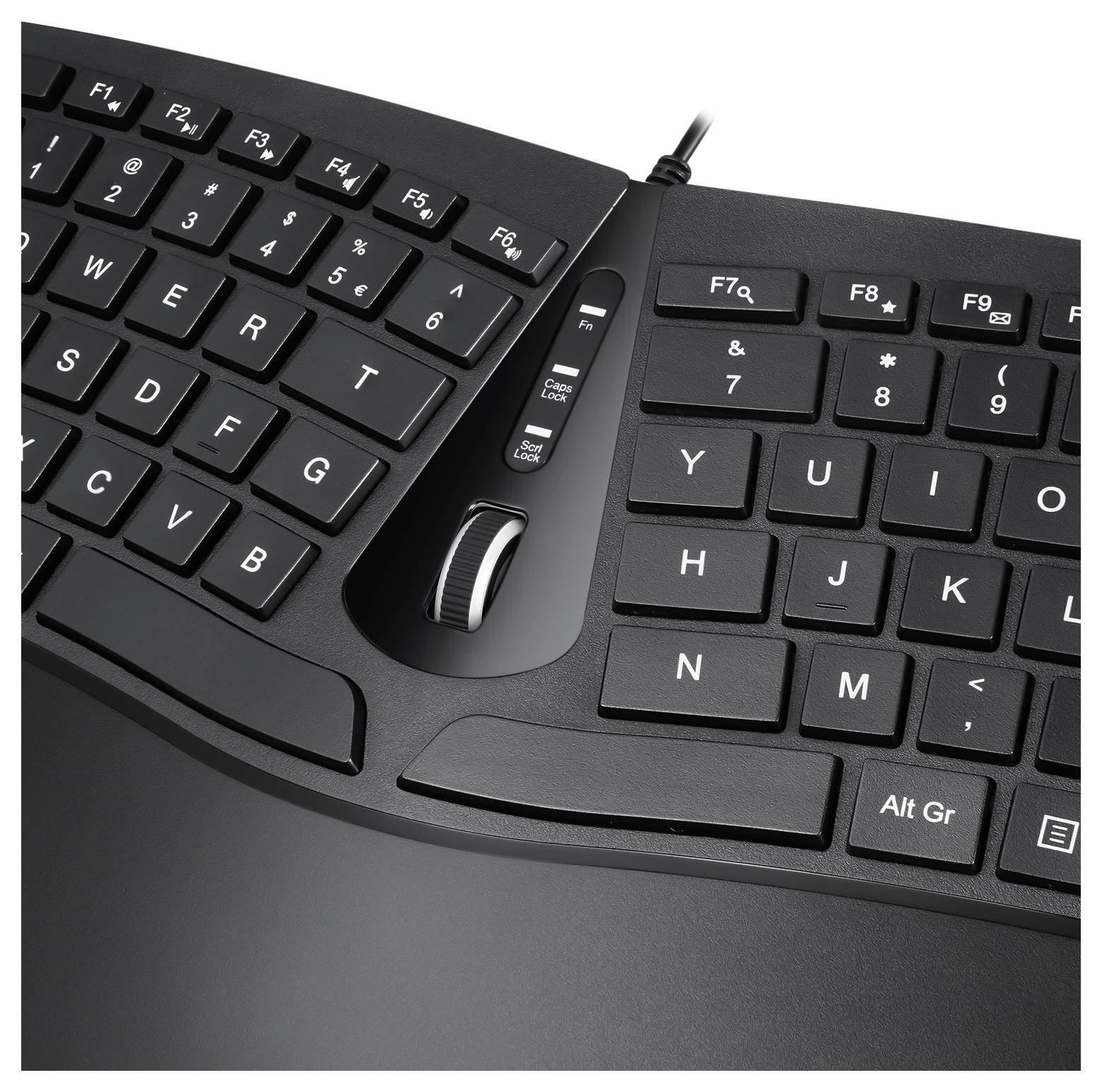 Ergonomická černá klávesnice s prohnutým designem, rozděleným rozložením a dodatečným kolečkem myši uprostřed pro pohodlné používání.