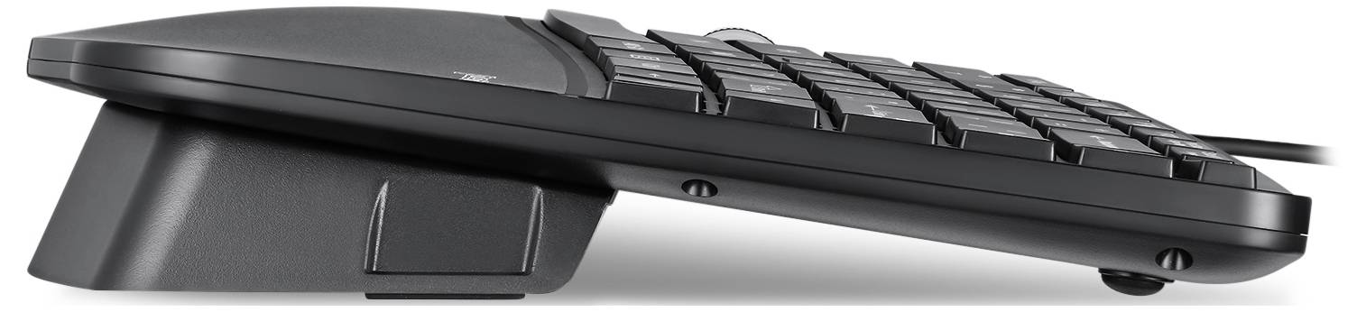 Boční pohled na černou počítačovou klávesnici se zvýšenou zadní částí, která ukazuje ergonomický design pro pohodlné psaní.