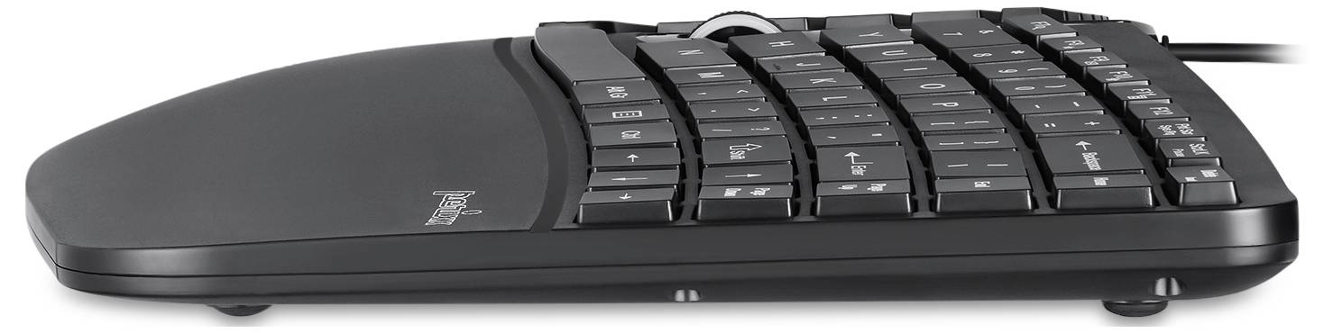 Ergonomická černá klávesnice s vertikálně děleným designem, vhodná pro pohodlné psaní a snížení namáhání.