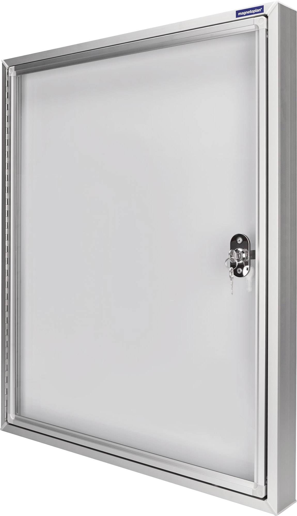 Uzamčená kovová skříňka na klíče s průhledným skleněným okénkem a zámkem s klíčem.