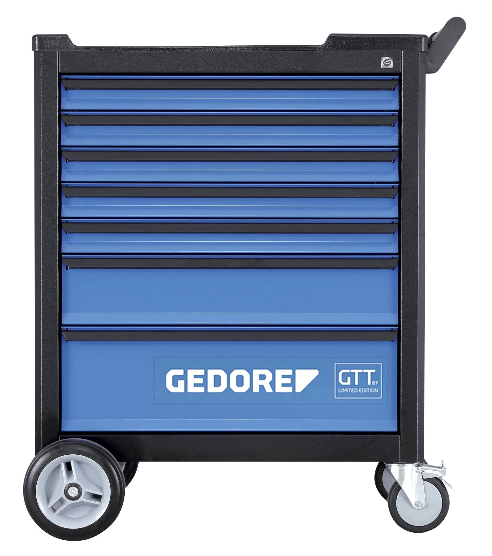 Modrý vozík na nářadí s několika zásuvkami, orámovaný černou barvou. Logo 'GEDORE' a 'GTT limitovaná edice' na přední straně.