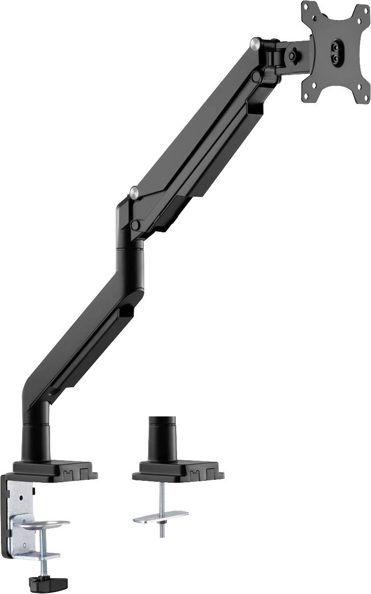 Černý nastavitelný držák monitoru pro upevnění na stůl; umožňuje flexibilní polohování obrazovky.
