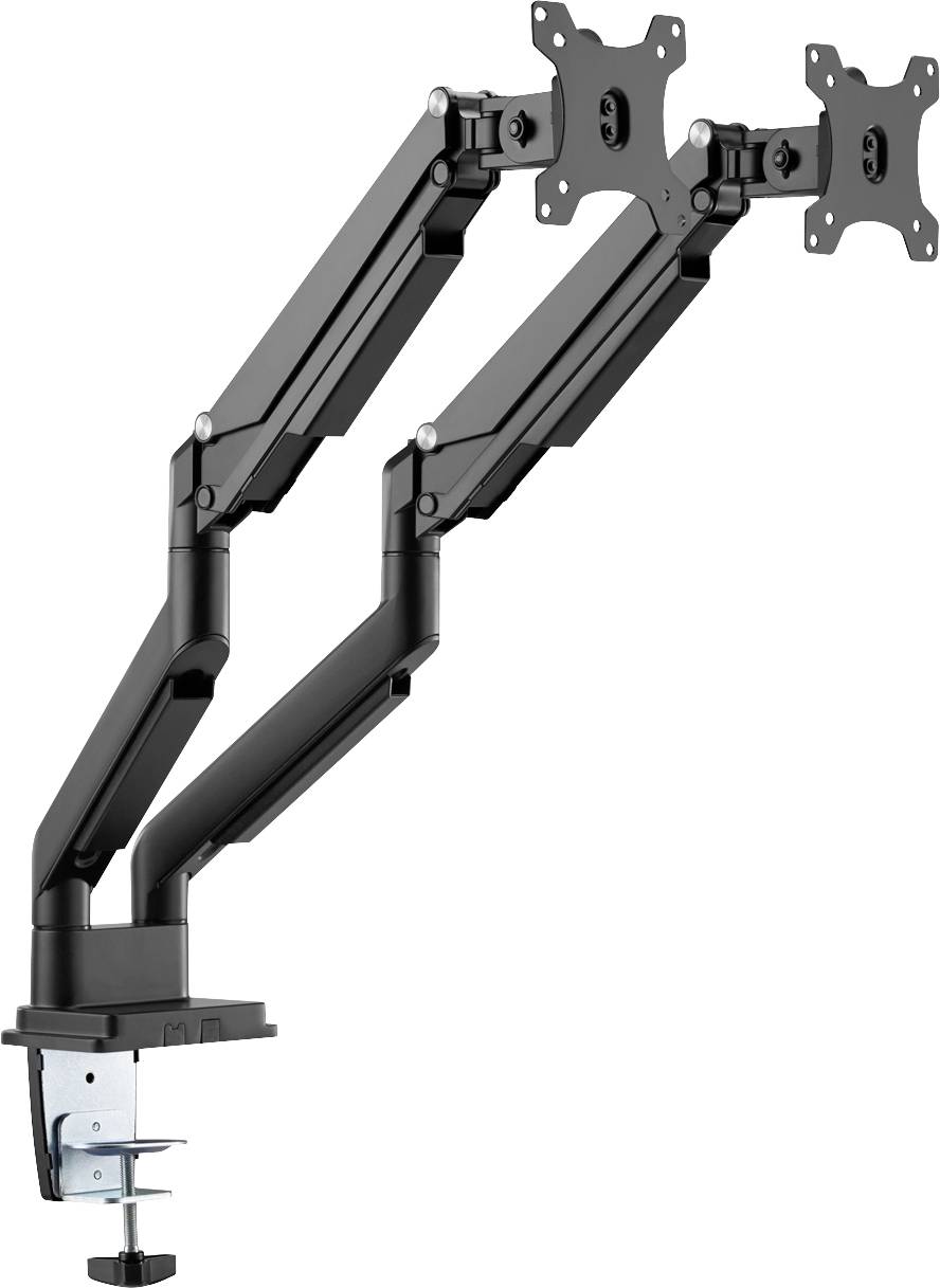 Dva černé držáky monitorů s flexibilními rameny a svorkou pro upevnění na stůl, které podporují VESA úchyty a jsou vhodné pro duální monitor.