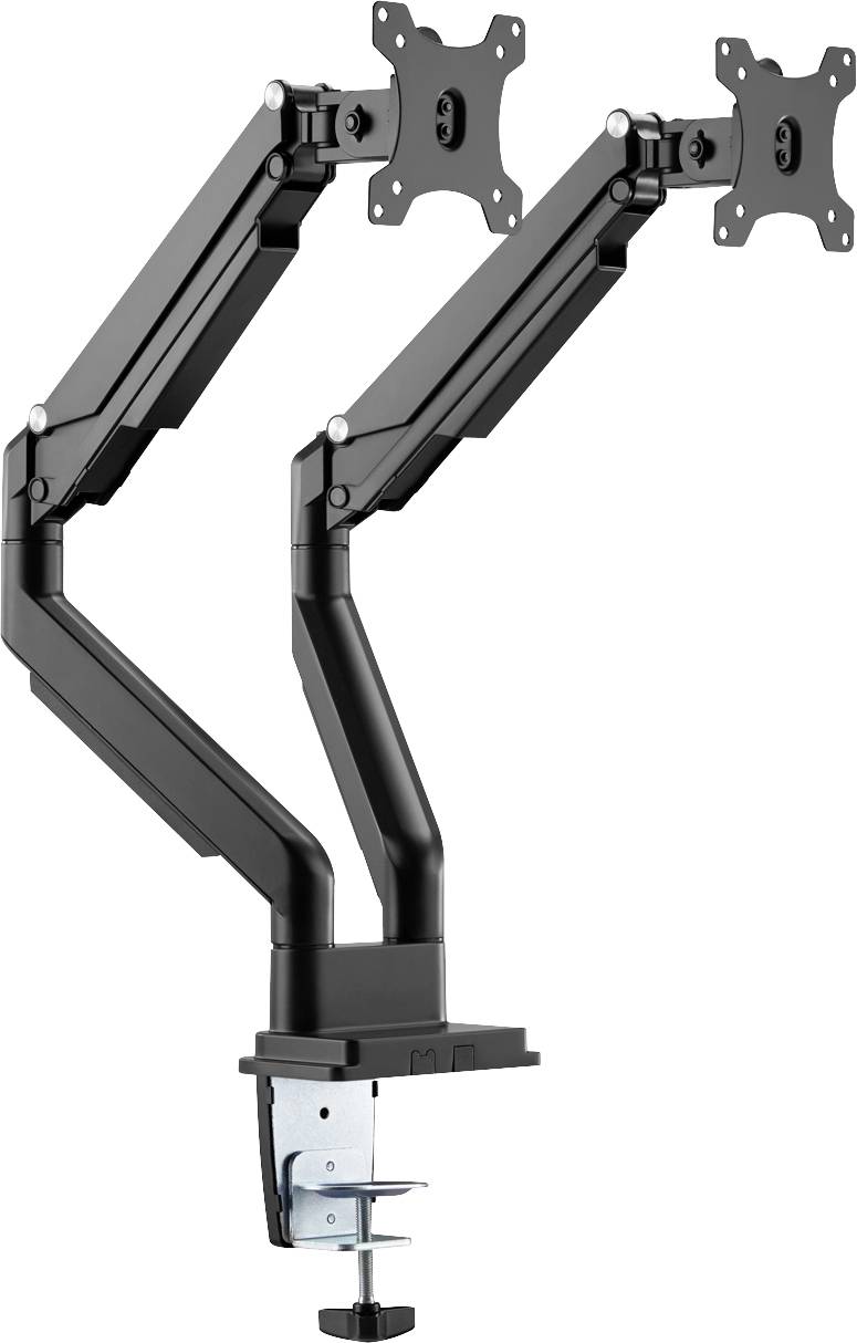 Dvojitý držák monitoru se dvěma černými nastavitelnými rameny pro uchycení dvou obrazovek. Upevnění pomocí svorky na stůl.