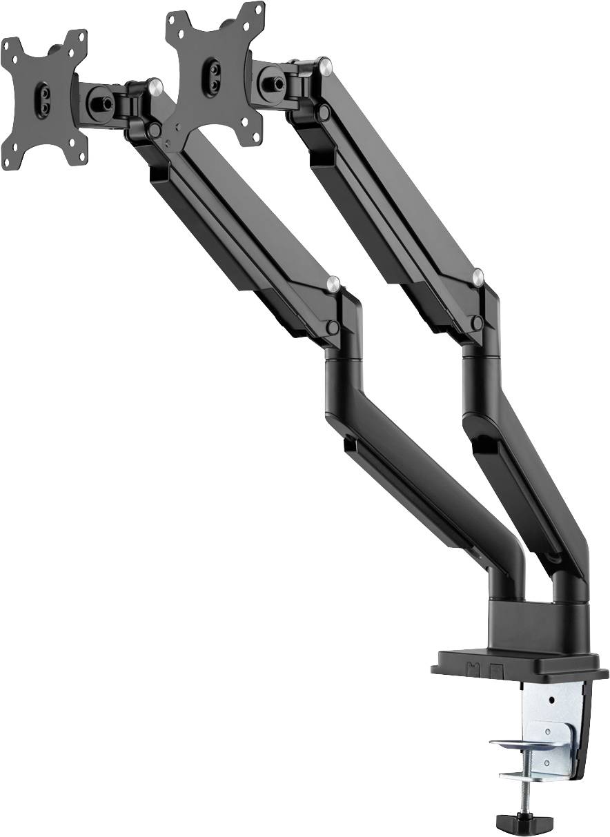 Duální černý držák monitorů se dvěma nastavitelnými rameny upevněnými na stole, který umožňuje ergonomické umístění obrazovek.